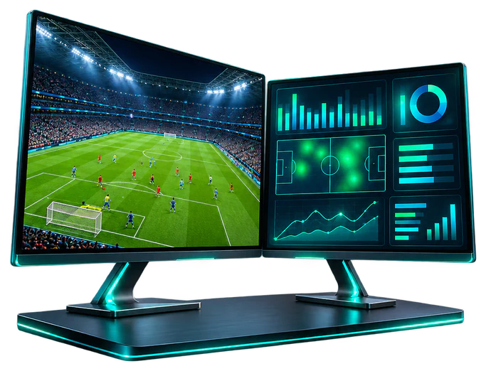 Live match on one monitor and scores on another
